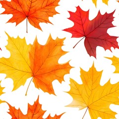 Autumn Seamless Pattern of Vibrant Red, Orange, and Yellow Maple Leaves on a Crisp White Background, Perfect for Seasonal Wallpaper, Fabric, or Fall-Themed D&eacute;cor and Crafts