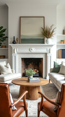 Fototapeta premium serene living room with white fireplace burnt armchairs