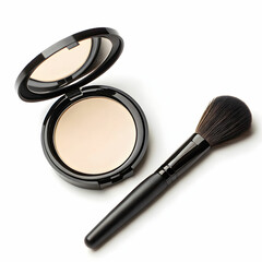 an overhead view of black oval brush and compact