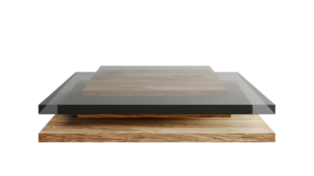 Blank glossy matte glass and woood material layers mockup isolated on a transparent background
