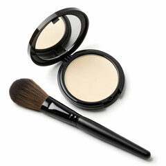 an overhead view of black oval brush and compact