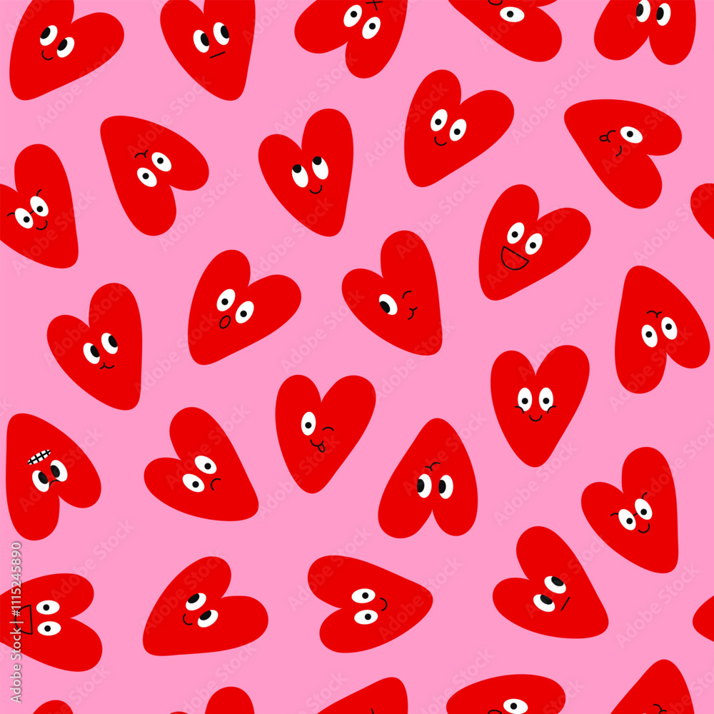 Poster cute seamless pattern with red hearts with character faces on a pink background. trendy colorful ill