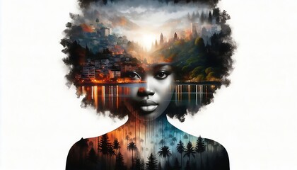 Silhouette woman face double exposure with mountain forest and river on dark sky isolated on white background