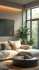 Fototapeta premium sunlit modern living room with cream sectional sofa