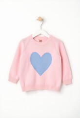 Fototapeta premium Soft pink knitted sweater with blue heart pattern hanging on white background, Valentine concept