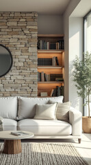 sunlit living room with a white sofa stone wall.