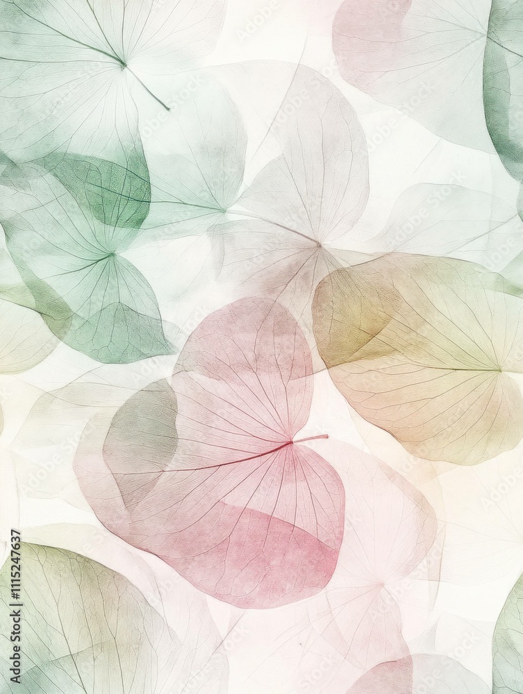 Poster delicate translucent leaves in soft pastel colors creating an ethereal and calming background, perfe