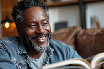 Naklejka premium A joyful man reading a book in a cozy living room, radiating happiness and contentment.