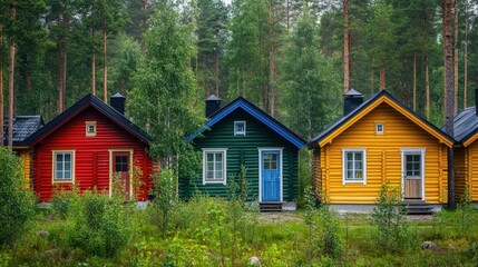 Colorful Log Cabins in a Lush Forest