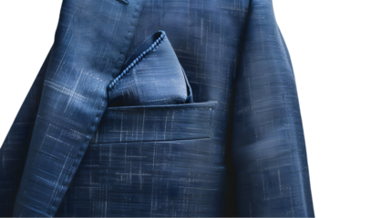Blank white folded pocket square in blue classic suit mockup isolated on a transparent background