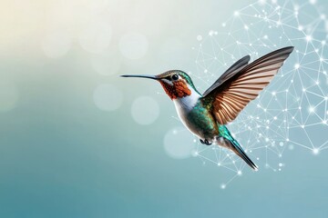 Fototapeta premium vibrant hummingbird in flight, showcasing its colorful feathers against soft, blurred background. image captures essence of nature beauty and grace