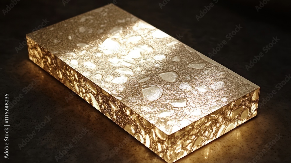 Poster a luminous, textured block resembling a gold ingot, reflecting light with intricate patterns.