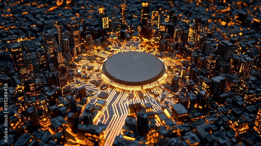 Poster aerial view of futuristic cityscape with glowing circuit patterns, showcasing central computer proce
