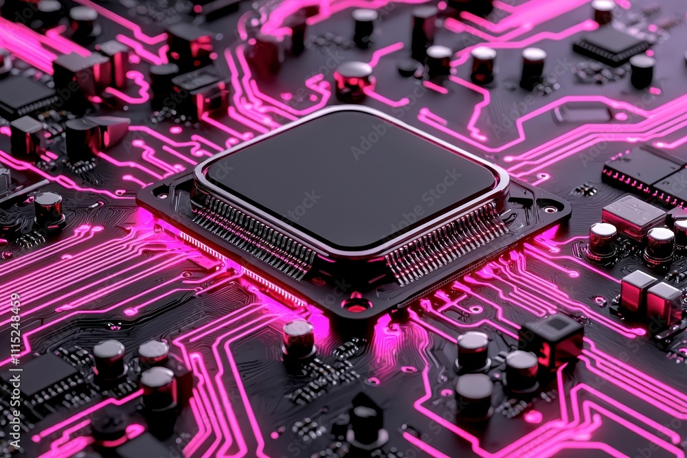 Poster high tech computer processor on circuit board with vibrant pink lighting. intricate design showcases