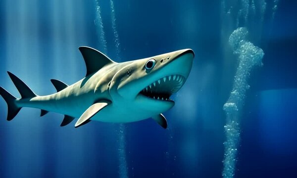 Requin sous l&rsquo;eau en gros plan avec gueule ouverte dans un oc&eacute;an bleu profond, sc&egrave;ne marine immersive avec lumi&egrave;re sous-marine, faune oc&eacute;anique, pr&eacute;dateur aquatique, nage et vie sauvage