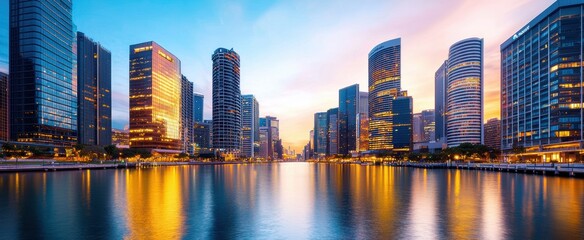 Obraz premium A panoramic view of a vibrant city at sunset, showcasing illuminated skyscrapers reflecting in tranquil waterfront waters, creating a mesmerizing urban glow