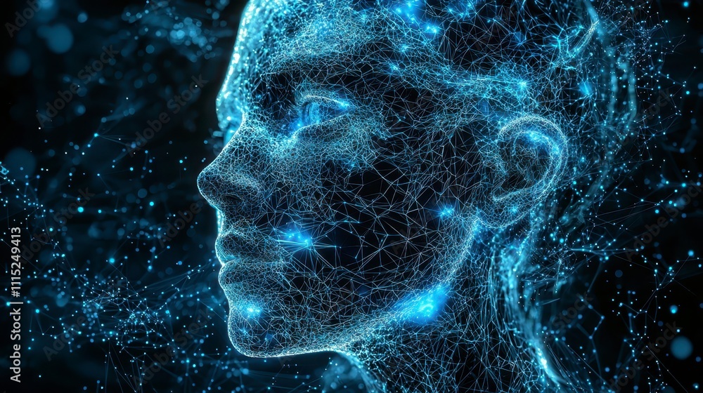 Poster conceptual ai system represented as glowing network of connections, showcasing human like face made 