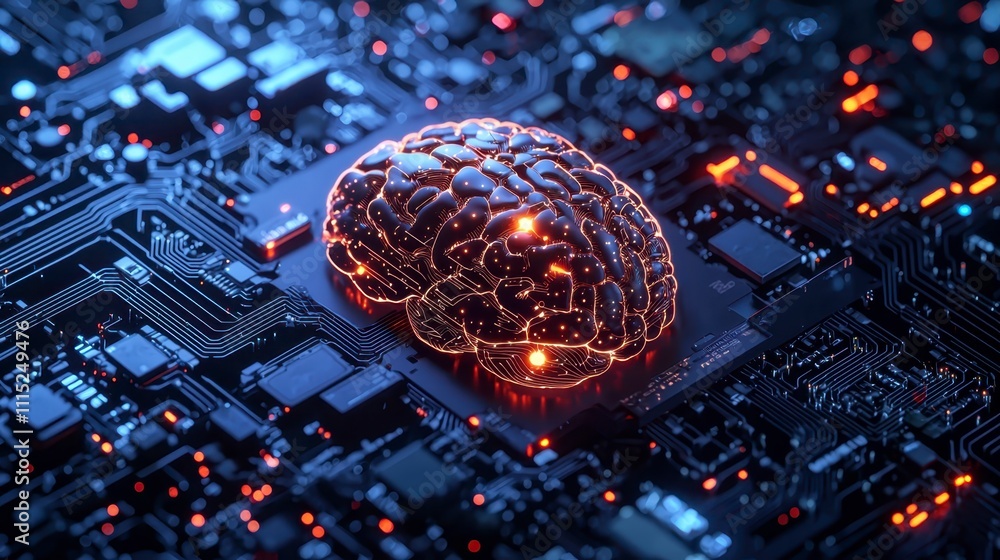 Poster conceptual representation of ai brain on circuit board, showcasing advanced technology and innovatio