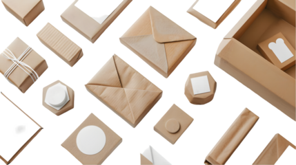 Blank white shipping label on craft box mockup, different shapes isolated on a transparent background