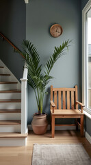 Fototapeta premium potted plant a wooden bench are situated a room with blue walls light-colored wood floors.