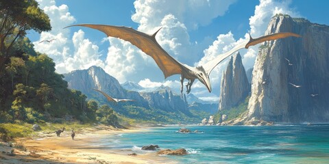 Fototapeta premium Majestic Pterosaur Soaring Over Coastal Mountains