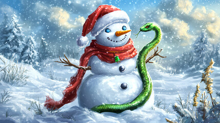 Fototapeta premium A snowman in holiday attire with a red scarf and Santa hat, holding a green snake in a snowy landscape