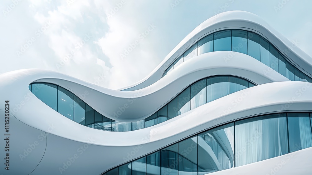 Poster futuristic building design with smooth curves and large glass windows, showcasing modern architectur