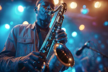 Fototapeta premium A musician passionately playing the saxophone on stage during a vibrant concert.