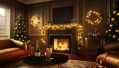 Cozy holiday living room with festive decorations, a fireplace, and champagne.