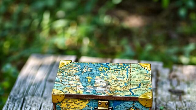 Decorative treasure chest with a vintage map design resting on a wooden table in a natural outdoor setting