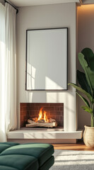 sunlit minimalist living room with fireplace empty frame
