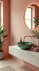 Fototapeta premium modern green vessel sink a peach-colored bathroom