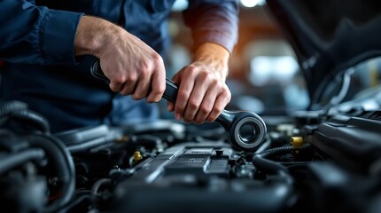 Obraz premium Auto Mechanic Tightening Bolt with Wrench, Close-up View of Hands and Engine Bay