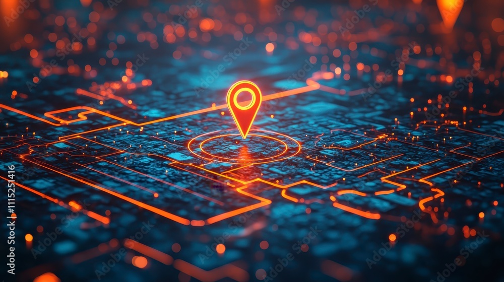 Aufkleber digital gps map with glowing orange lines and location pin, representing navigation and technology. 