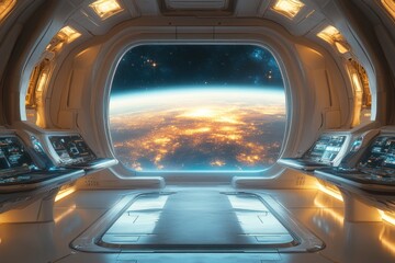 Fototapeta premium Spaceship Interior View Earth Night Lights