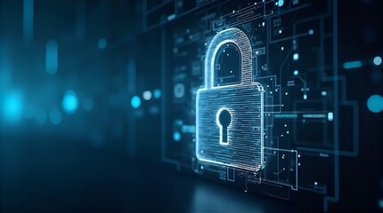 Futuristic Digital Lock, Abstract Cybersecurity Concept, Network Security, Data Protection, Binary Code Padlock, Technological Background, Close-up View, Glowing Lines, Digital Art