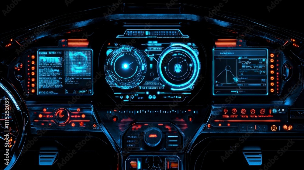 Aufkleber futuristic sci fi dashboard with glowing blue and orange displays, featuring advanced technology and