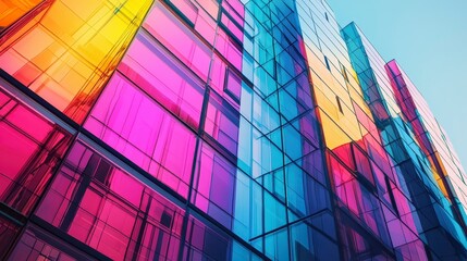Modern glass building with colorful reflections and vibrant hues