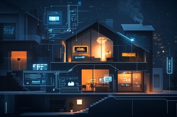 Obraz premium Smart home with advanced technology, showcasing the future of living in a connected smart villa, integrated with IoT, innovative solutions, and modern internet-driven features for a high-tech lifestyl
