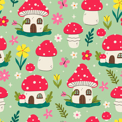 Seamless pattern of fly agarics and fairy houses of fly agarics. Vector graphics.