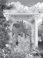 Traditional Mughal garden and seated queen frame illustration