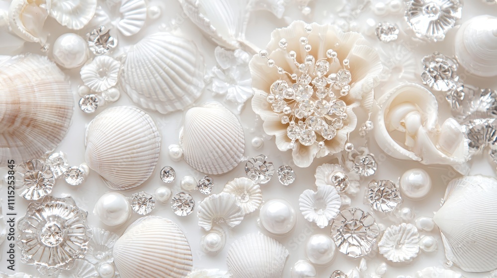 Poster clean white seashells and decorative elements create serene and elegant composition. arrangement fea