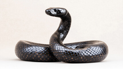 Fototapeta premium A black mamba snake is coiled with its head raised in a defensive posture, showcasing its dark, shiny scales and alert eyes.