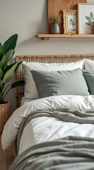 Naklejka premium serene bedroom with white bedding gray accents