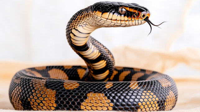 A close-up photo of a black and yellow python with a striking head and patterned scales, coiled on a light background.