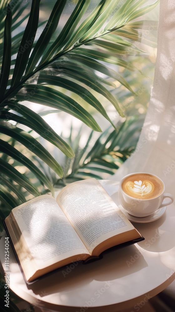 Poster a serene scene featuring an open book and a latte on a table surrounded by greenery.