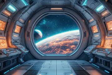 Fototapeta premium Spaceship Interior View Showing Planet and Stars