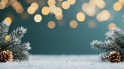 Obraz premium Festive Winter Background with Pine Branches and Bokeh Lights for Holiday Celebrations and Seasonal Greetings