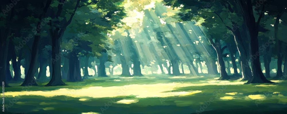 Poster a serene forest scene with sunlight filtering through trees, creating a tranquil atmosphere.