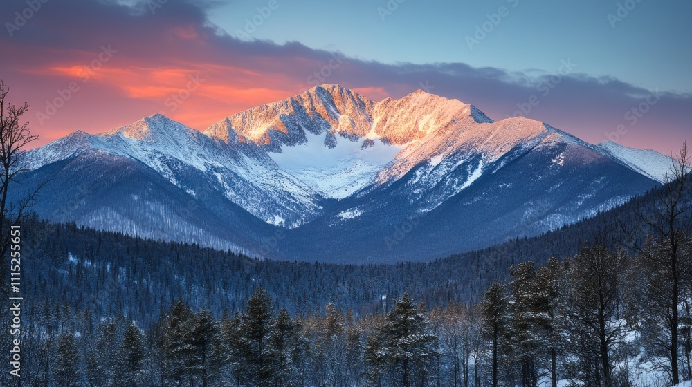 Poster as the sun dips below the horizon, snow-covered mountains catch the fading light, creating a breatht